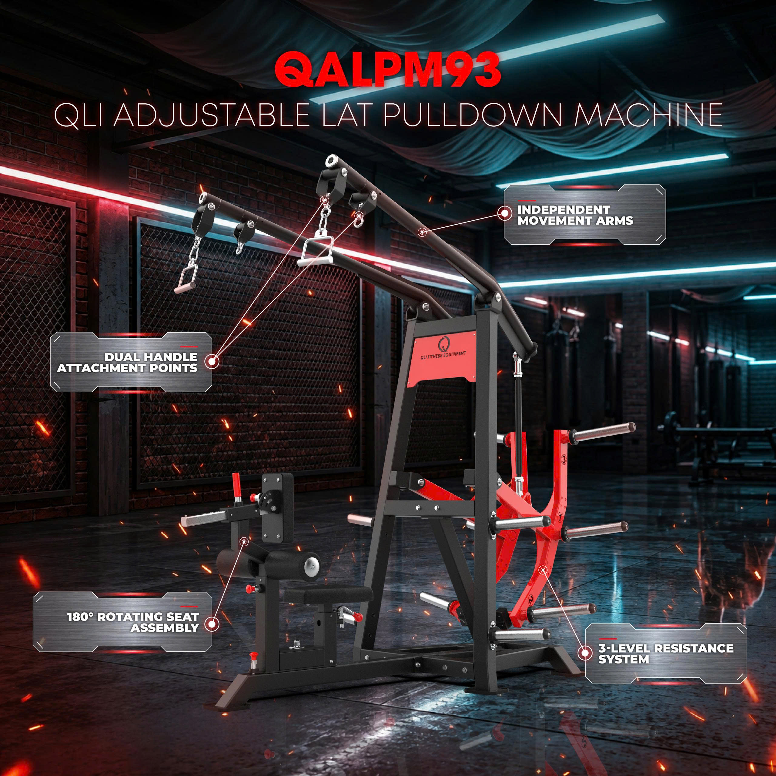 QLI QALPM93 Lat Pulldown Machine with Pro-Arm™ 3-position resistance system for back training