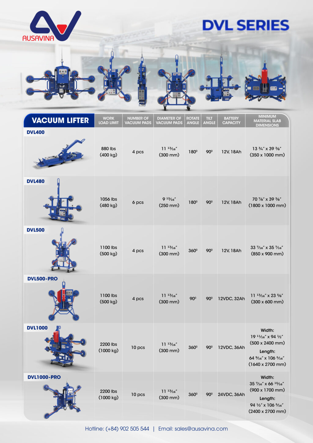  Ausavina DVL Series vacuum lifters for safe glass and stone material handling 